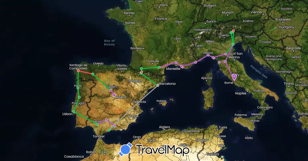 TravelMap itinerary: driving, bus, plane, train, hiking in Spain, France, Italy, Portugal (Europe)
